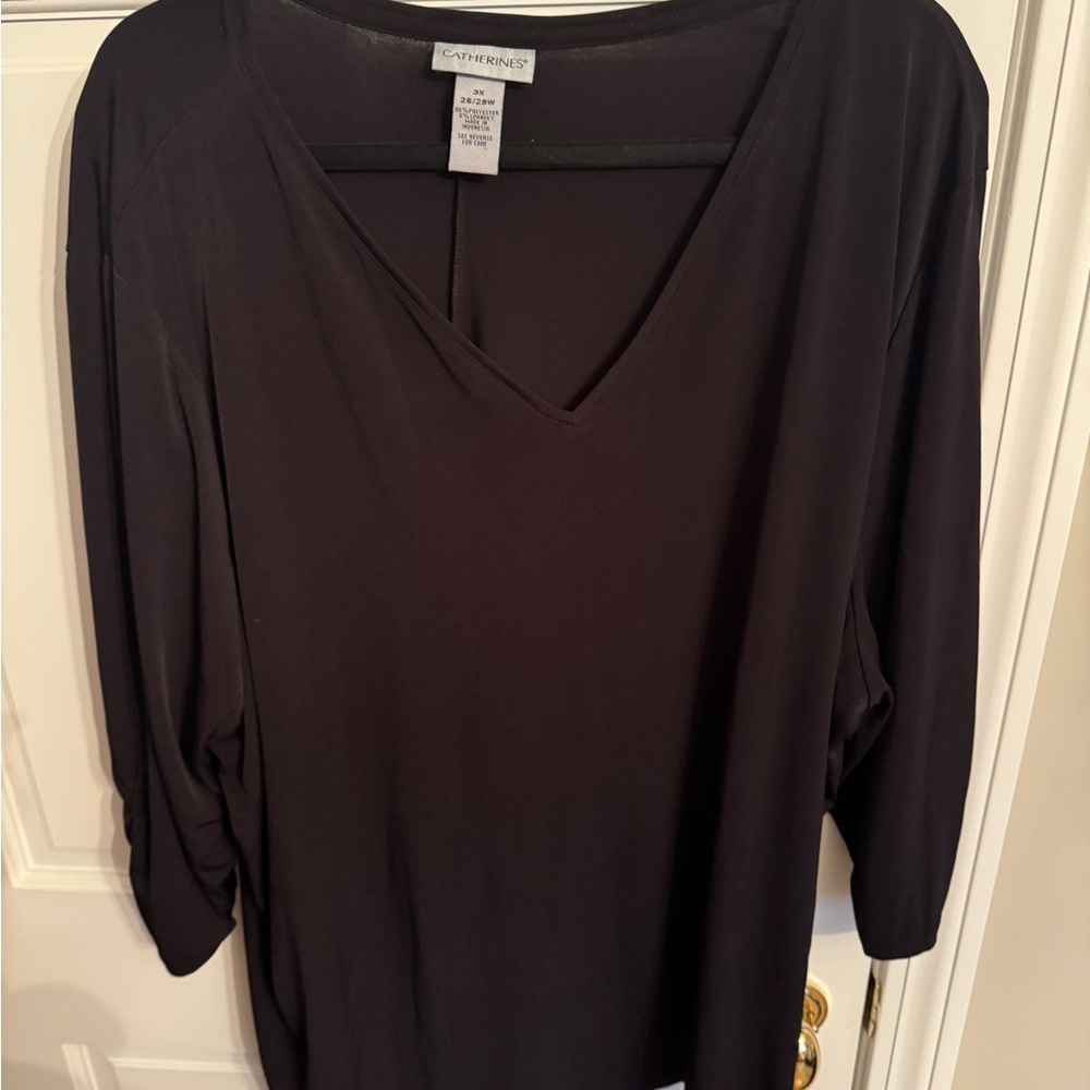 Catherines Black V-Neck 3/4 Sleeve Relaxed Blouse